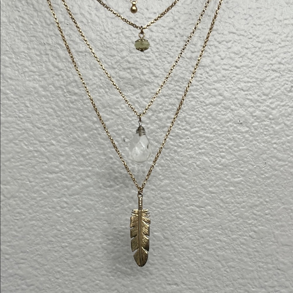Gold Toned 3 Tier Feather Necklace